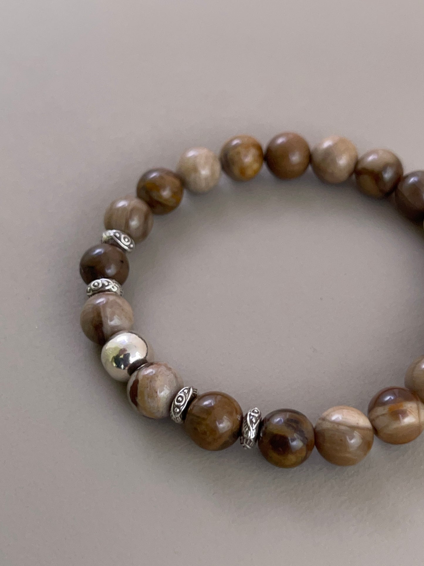 Petrified Wood Multi Silver Bead Bracelet