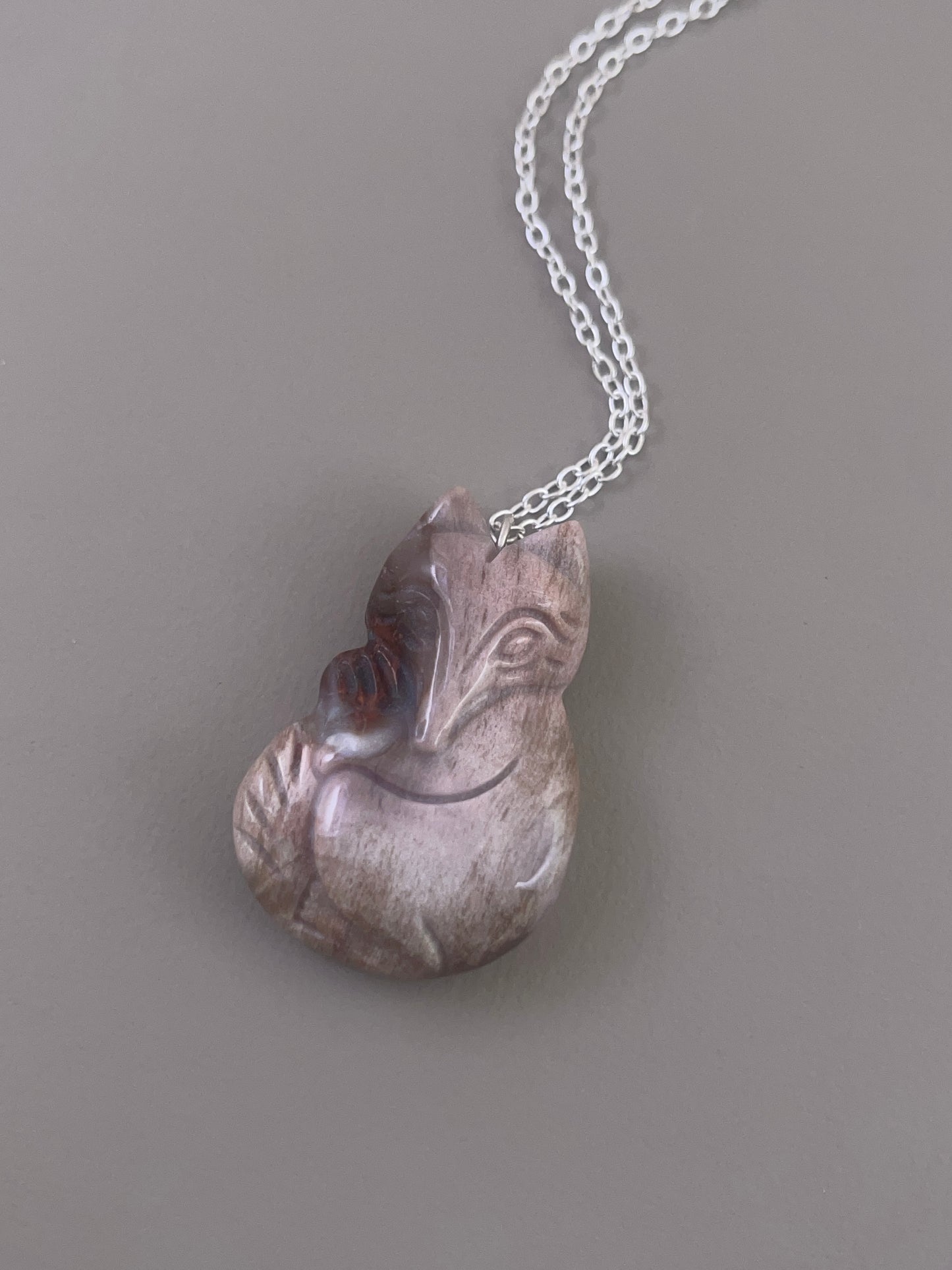 Petrified Wood Fox Necklace - Pink