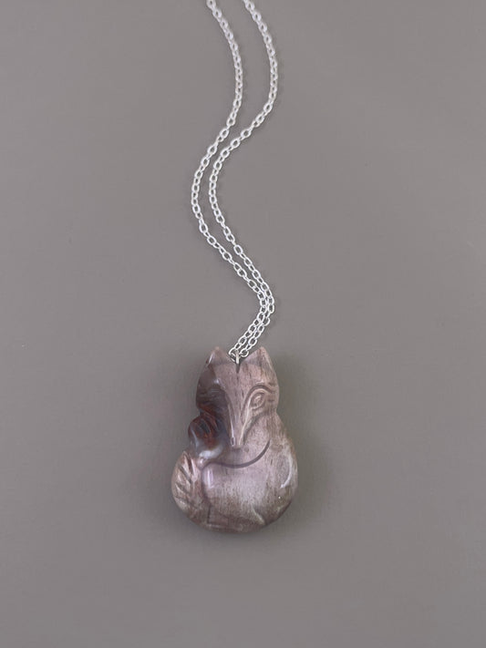 Petrified Wood Fox Necklace - Pink