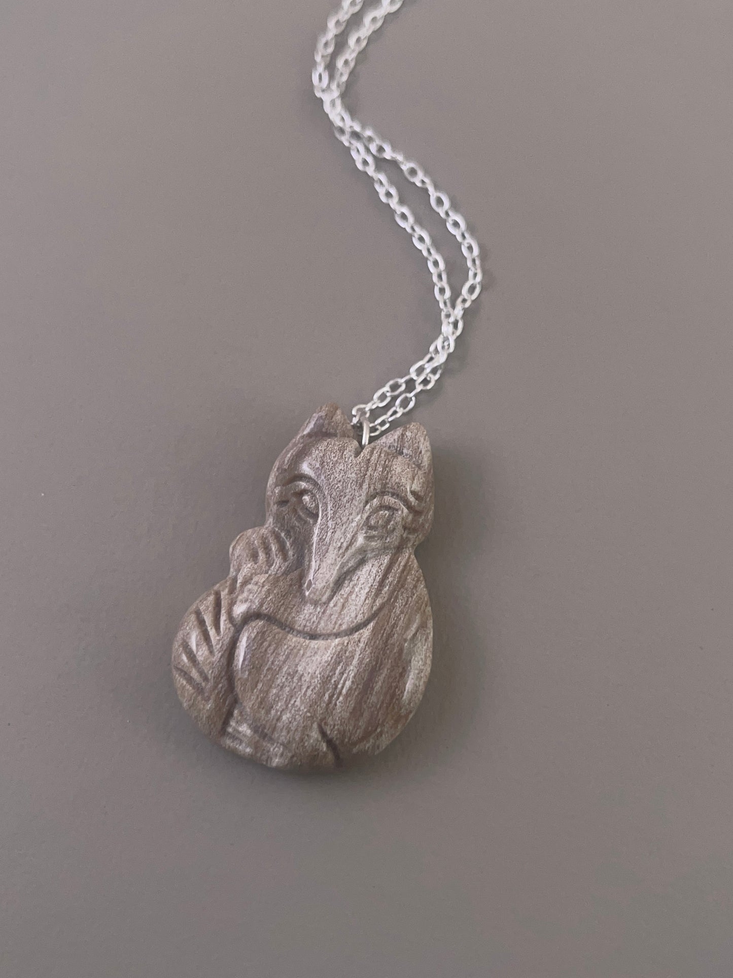 Petrified Wood Fox Necklace - Brown
