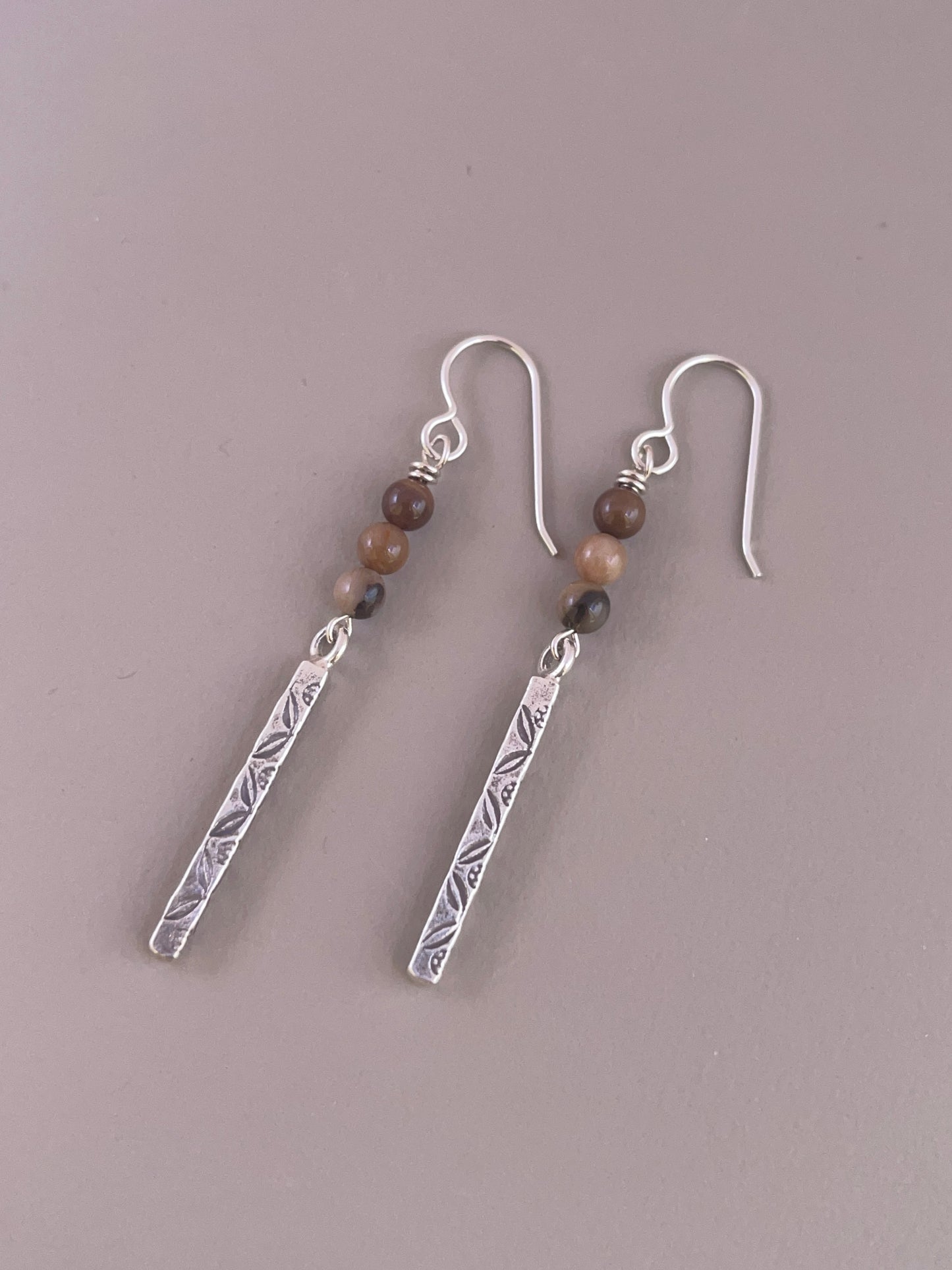 Petrified Wood Earth Flower Bar Earrings