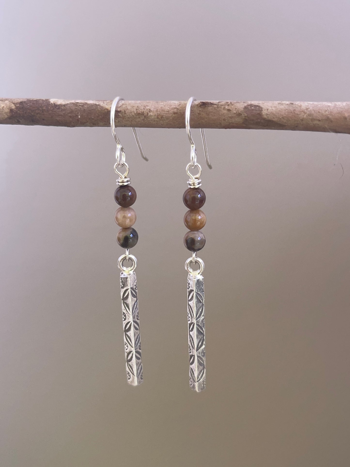 Petrified Wood Earth Flower Bar Earrings