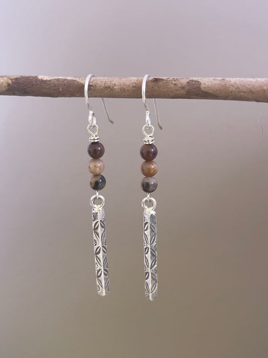 Petrified Wood Earth Flower Bar Earrings