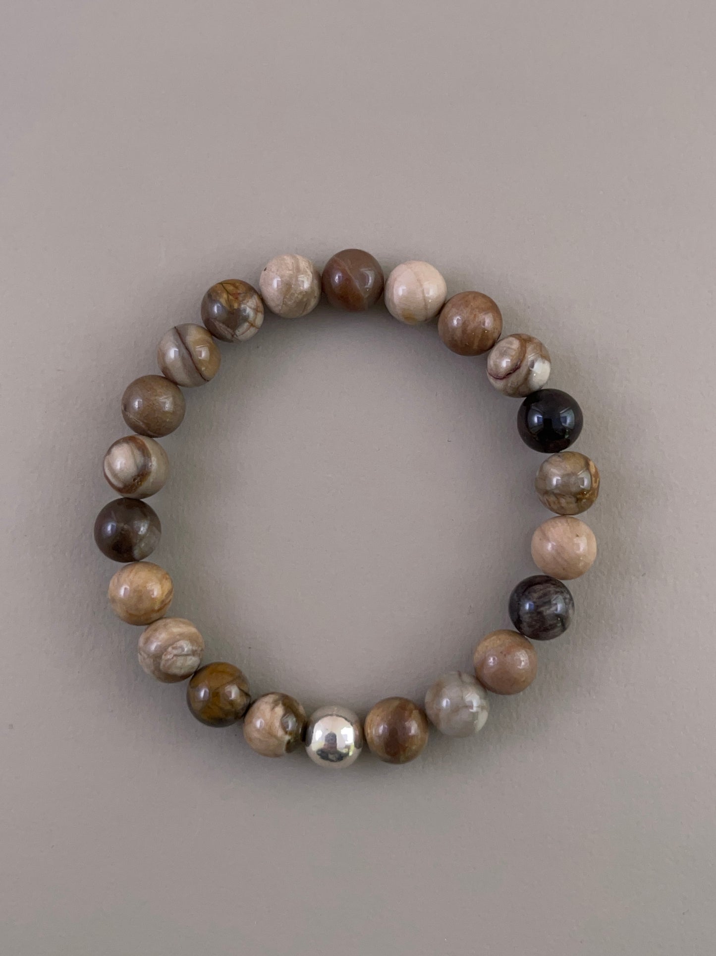 Petrified Wood Silver Bead Bracelet