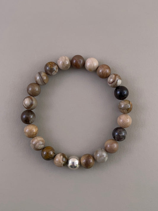 Petrified Wood Silver Bead Bracelet