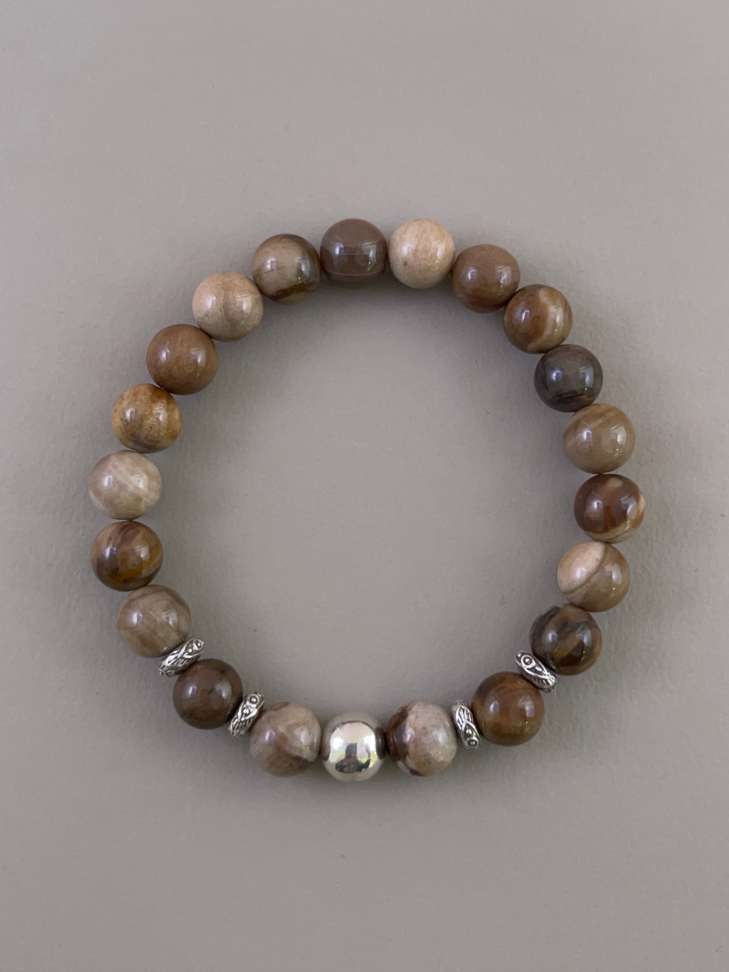 Petrified Wood Multi Silver Bead Bracelet