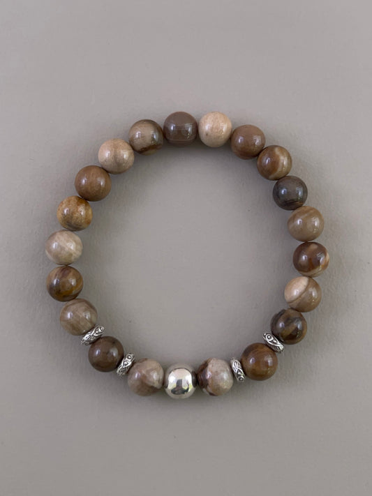Petrified Wood Multi Silver Bead Bracelet