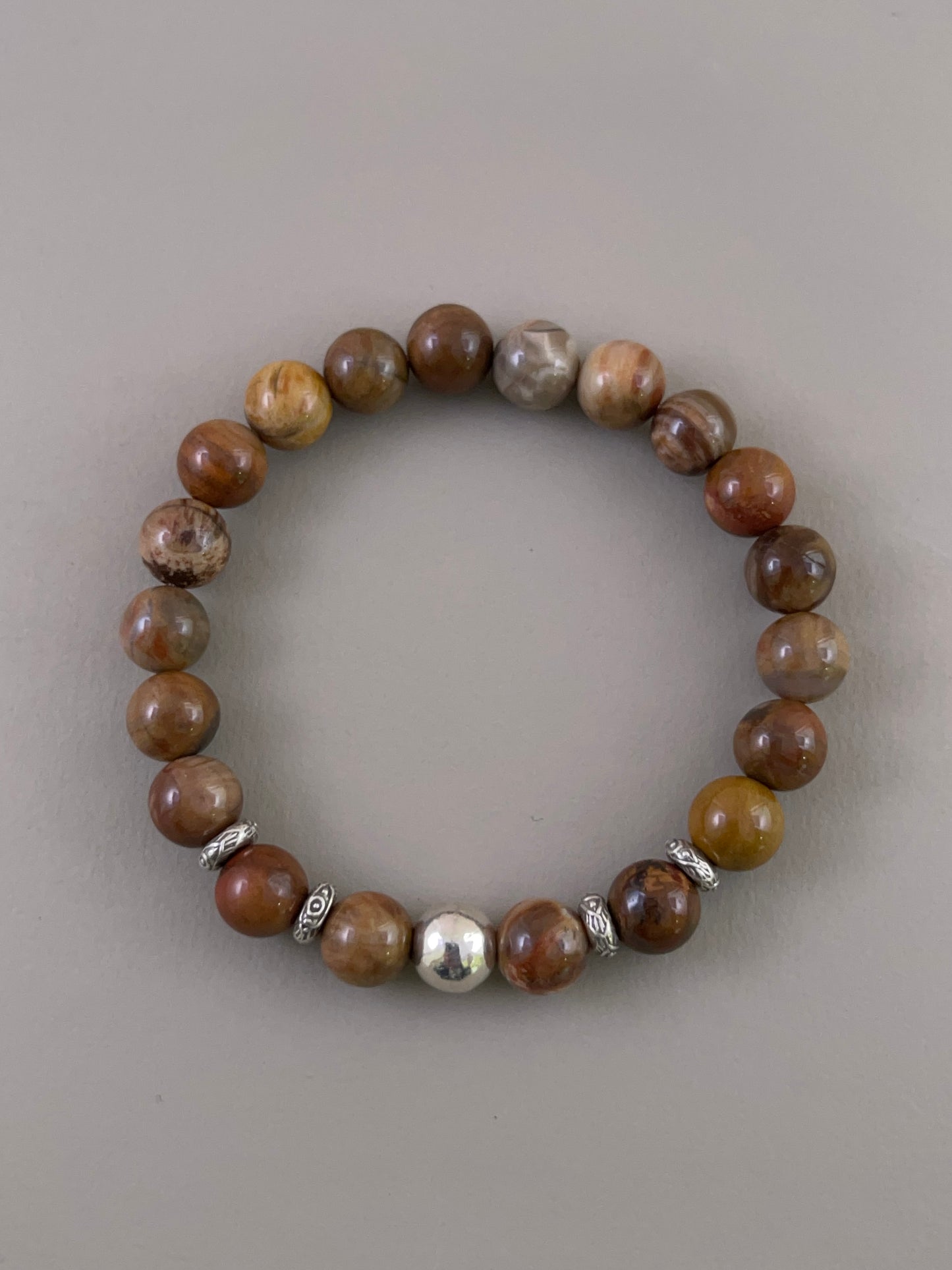 Petrified Wood Multi Silver Bead Bracelet