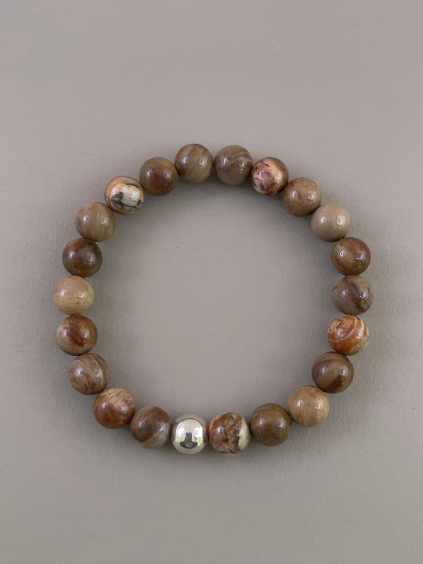Petrified Wood Silver Bead Bracelet